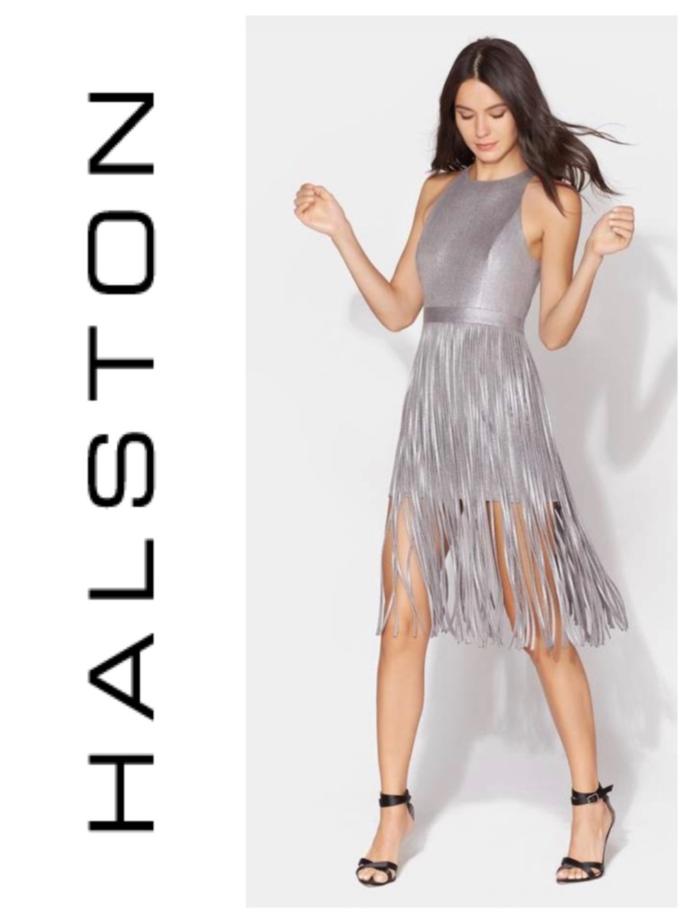 HALSTON HERITAGE Metallic Faux Suede Fringed Dress
